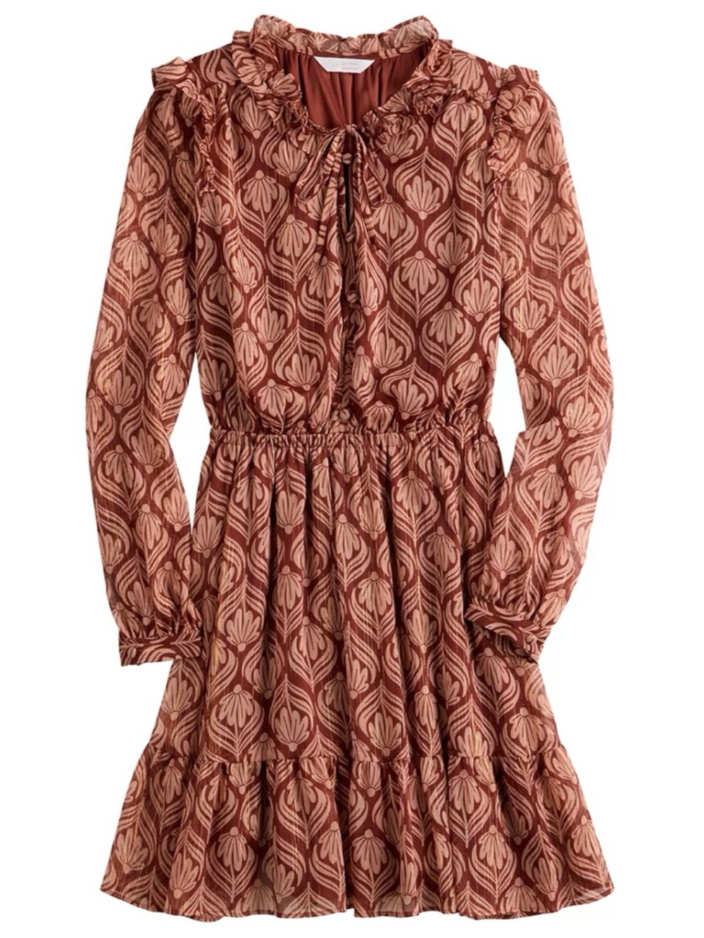 LC Lauren Conrad Rust and Cream Midi Dress with Tie Neck